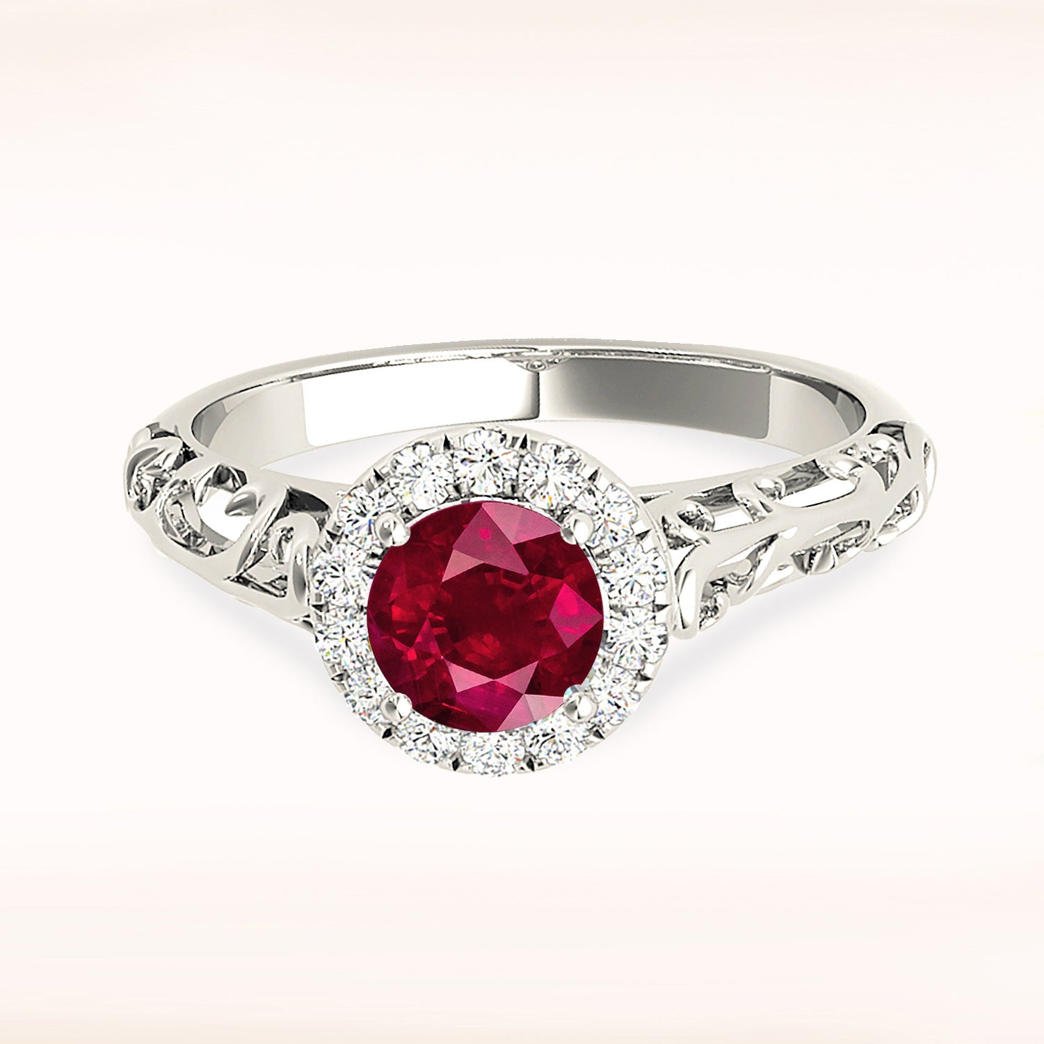 1.16 ct. Genuine Ruby Ring With 0.10 ctw. Diamond Halo , Hand Caved Filigree Fancy Band | Round Ruby Halo Ring | Natural Ruby Ring-VIRABYANI